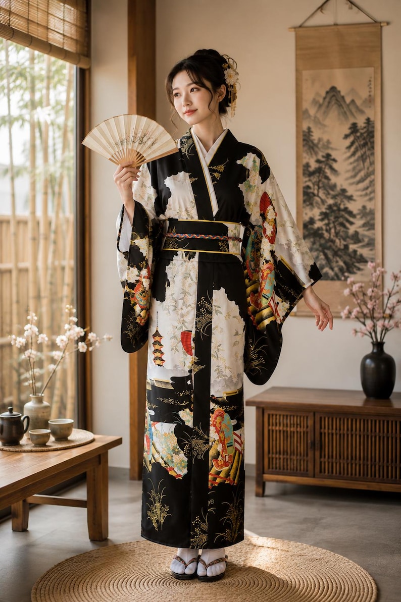May include: A black and white kimono featuring intricate gold and red patterns, including depictions of pagodas and floral motifs. The garment is secured with a wide, dark obi sash and is paired with white tabi socks and black sandals, while holding a folding fan.