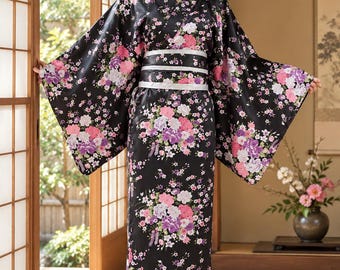 Black Floral Kimono Robe, Pink Cherry Blossom Print, Wide Sleeve Japanese Style Dress