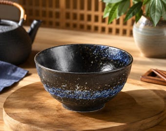 Bol de sopa de cerámica japonesa, bol de ramen de estilo artesanal, bol de cerámica azul y negra, bol de arroz, bol de fideos, vajilla asiática