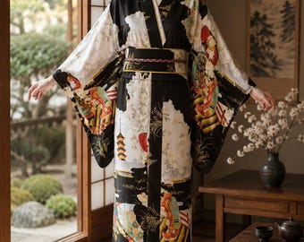 Kimono tradicional japonés – Elegante bata yukata floral para mujer / Talla única / Ropa de estar por casa y cosplay ligera - Kimono para mujer