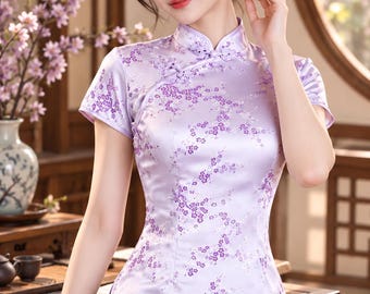Blusa Qipao floral color burdeos, top Cheongsam chino de satén para mujer, camisa elegante con cuello mandarín, atuendo para festivales asiáticos.