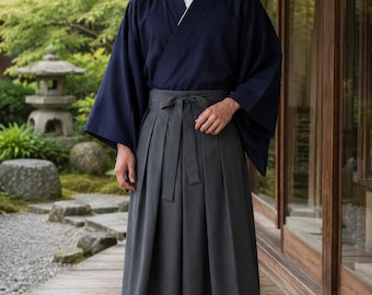 Japoński męski zestaw kimona i hakama – tradycyjny strój samuraja – japoński kostium szaty – kimono dla mężczyzn – sztuki walki, cosplay