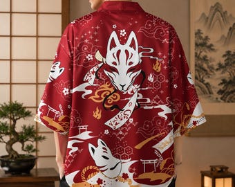 Kimono cárdigan de zorro japonés, haori rojo inspirado en el anime, bata yukata ligera, ropa urbana para festivales, chaqueta kimono unisex de regalo