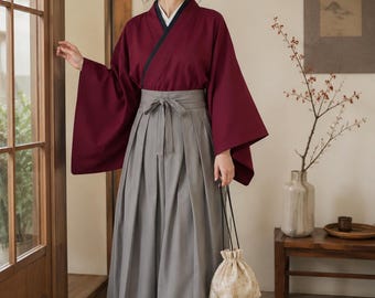 Conjunto de kimono japonés para mujer con hakama / Traje tradicional de cosplay de samurái / Disfraz de yukata burdeos y gris / Ropa para convenciones de anime