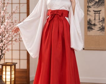 Conjunto de kimono Miko japonés para mujer: top de kimono blanco y falda hakama roja. Disfraz de sacerdotisa para cosplay.
