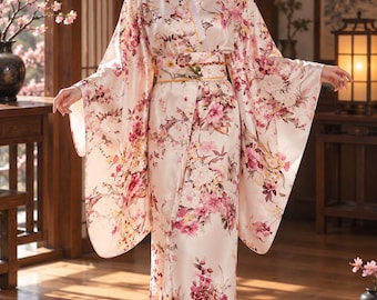 Kimono japonés floral para mujer, bata rosa con flores de cerezo, elegante yukata de satén, vestido de inspiración japonesa, regalo de boda asiático
