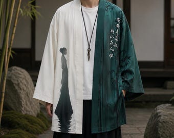 Kimono japonés para hombre / Chaqueta haori de bambú / Ropa urbana japonesa / Túnica ligera inspirada en los samuráis / Regalo de anime