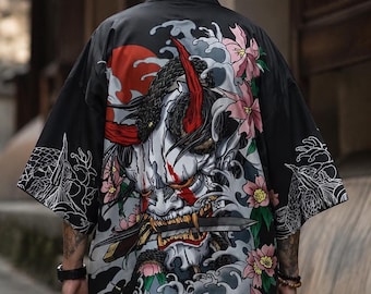Kimono japonés Oni para hombre y mujer, chaqueta haori samurái, ropa urbana japonesa, prenda estilo anime, regalo para él.