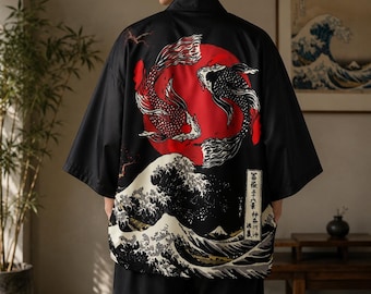 Japonés Kimono Cardigan Hombres, Koi Fish Haori, Samurai Yukata, Ropa de calle japonesa, Kimono de verano ligero, Túnica unisex