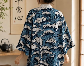 Kimono cárdigan estilo ola japonesa, haori océano azul, prenda unisex para festivales, kimono ligero para la playa, bata estilo anime