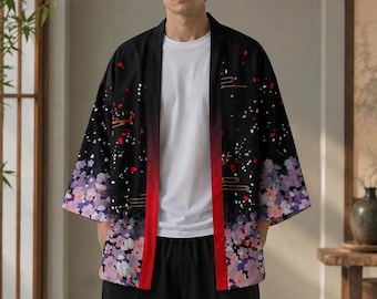 Chaqueta kimono floral japonesa, haori Sakura negro, túnica de estilo japonés, cárdigan kimono unisex, regalo de estilo urbano