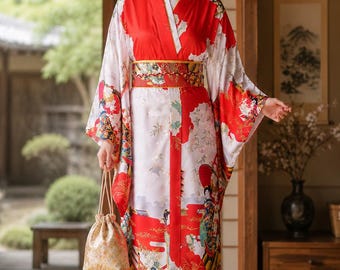 Kimono tradicional japonés – Elegante bata yukata floral para mujer / Talla única / Ropa de estar por casa y cosplay ligera
