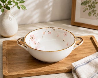 Bol de sopa de cerámica japonesa con asas, bol para servir con diseño floral, bol para ramen, bol para ensalada, bol para pasta, decoración de cocina rústica.