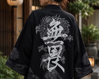 Cárdigan kimono con dragón japonés, chaqueta haori negra, yukata unisex, ropa urbana japonesa, bata estilo anime, regalo para él/ella.