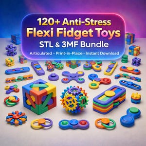 May include: A selection of colourful Flexi Fidget Toys, including spinners, cubes, and interlocking shapes. The image features a variety of designs and colours, with text that reads "120+ Anti-Stress Flexi Fidget Toys".