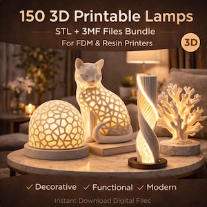Könnte beinhalten: Ein digitales Paket mit 150 3D-druckbaren Lampen inklusive STL- und 3MF-Dateien für FDM- und Harzdrucker. Das Bild zeigt vier beleuchtete Lampendesigns: eine geometrische Kuppel, eine Katzenfigur, eine gedrehte Säule und eine korallenförmige Struktur.