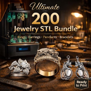May include: Image featuring a collection of jewelry designs, including rings and earrings. The text reads "Ultimate 200 Jewelry STL Bundle" with "Ready to Print" text. The rings showcase intricate details, and the earrings have a dragon design.