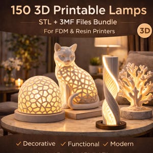May include: A collection of 3D-printed lamps in various designs, including a cat, a geometric dome, a spiral, and a coral-like structure. The lamps are white and emit a warm glow. The image includes the text "150 3D Printable Lamps".