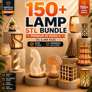 Może przedstawiać: Kolekcja podświetlanych lamp w różnych stylach, w tym kota, kostki i pagody. Obraz zawiera tekst "150+ LAMP STL BUNDLE" i "Premium 3D Models". Lampy są prezentowane na cokołach.