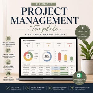 May include: A laptop displays a project management template with charts and graphs. The screen shows project dashboards, task progress, and project status. Text includes "Plan. Track. Manage. Deliver." and "Easy to Use." A potted plant is in the background.