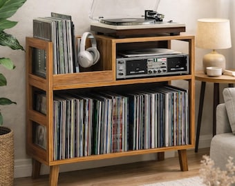 Handcrafted Solid Wood Turntable Stand with Vinyl Storage