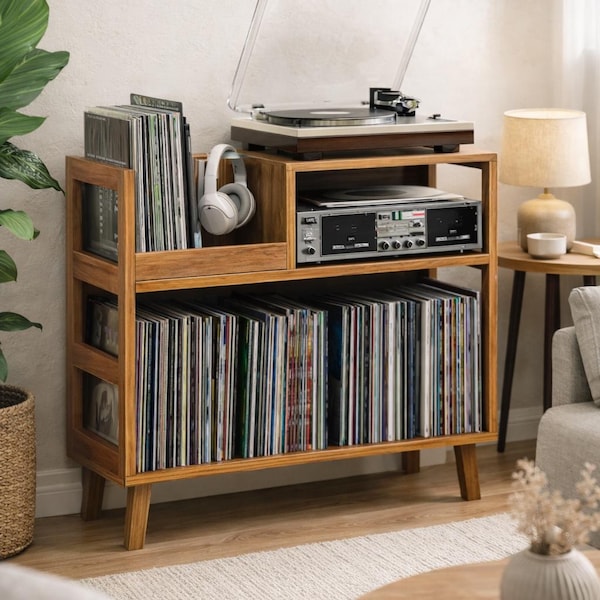 Handcrafted Solid Wood Turntable Stand with Vinyl Storage