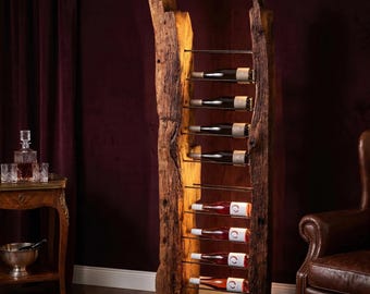 Reclaimed Wood Live Edge Wine Rack – Rustic Floor Standing Bottle Holder Storage