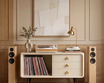 Witte unieke handgemaakte massief houten draaitafelkast met opbergruimte voor vinylplaten