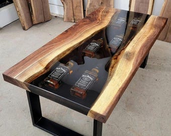 Solid Wood Epoxy River Table, Custom Embedded Memorabilia, Live Edge Dining Furniture