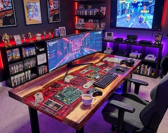 Custom Epoxy River Table with Gaming Table, Live Edge Dining Furniture