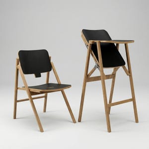 May include: Two folding chairs. One is a standard chair, and the other is a bar-height chair. Both have black seats and backs, and natural wood frames. The chairs are designed with a minimalist aesthetic, suitable for various interior styles.