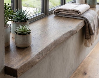 Alféizar de roble con borde natural – Alféizar de madera maciza hecho a mano / Estante de roble rústico y moderno a medida
