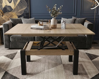 Mesa de centro transformable Oak Vintage Oxide – Mesa de comedor plegable moderna para espacios habitables inteligentes