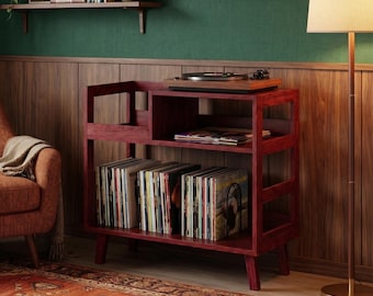 Soporte para tocadiscos de madera maciza de cerezo, hecho a mano, con almacenamiento para vinilos.