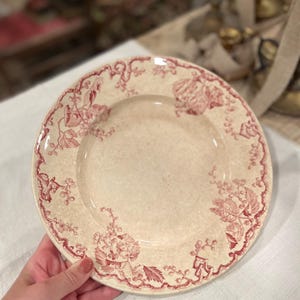 Könnte beinhalten: Cremefarbener Teller mit rotem Blumenmuster am Rand. Der Teller hat eine leicht strukturierte Oberfläche und ein klassisches Design. Eine Hand hält den Teller.
