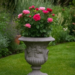 Peut inclure: Un pot en pierre orné de roses roses et rouges. Le pot présente un motif en relief détaillé et repose sur une base carrée. La scène se déroule dans un jardin verdoyant.