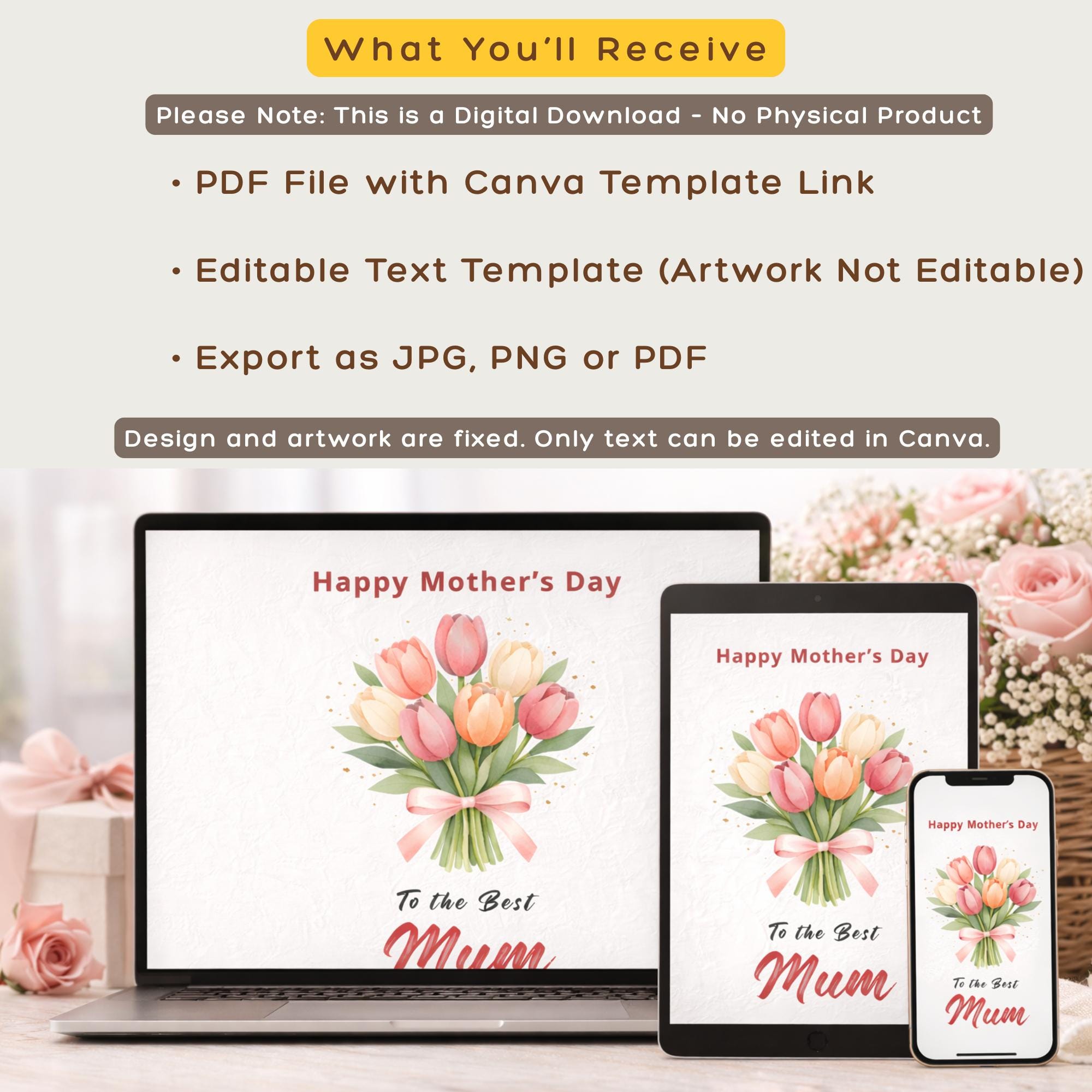 Editable Mothers Day Card for Mum, Printable Floral Tulip Card, Instant ...