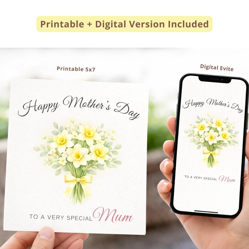 Editable Mothers Day Card UK for Mum, Printable & Evite Yellow Floral ...