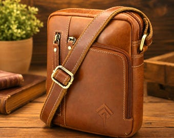 Bolsa transversal de couro masculina, bolsa mensageiro pequena, organizador de viagem compacto