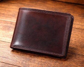 Vintage bruine leren portemonnee heren – RFID-beschermd slank, minimalistisch cadeau voor hem