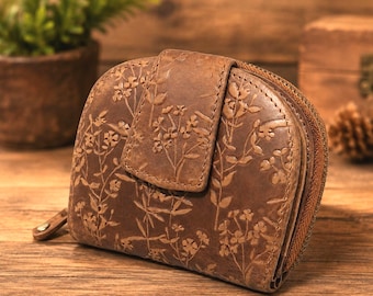 Portamonete in pelle goffrata, portafoglio con cerniera RFID da donna, confezione regalo compatta con motivo floreale.