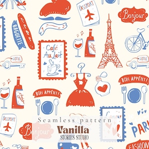 May include: Seamless pattern featuring hand-drawn illustrations of Parisian icons in red and blue on a cream background. Includes the Eiffel Tower, baguette, passport, cafe au lait, and the word "Bonjour". The text "Vanilla Stories Studio" is also present.