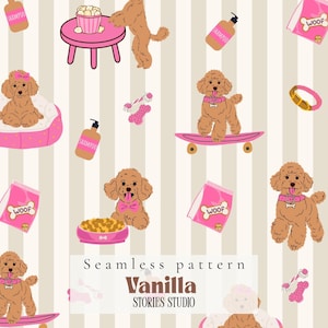 May include: A seamless pattern with cartoon poodles and pink accessories, such as skateboards, beds, and food bowls. The design includes shampoo bottles, dog food bags, and the text "Woof". The background has vertical stripes.