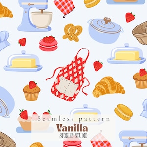 Può includere: Motivo senza cuciture con illustrazioni a tema panificazione. Include croissant, cupcake, un mixer a supporto, un cappello da chef e un grembiule. Il design incorpora fragole, burro e una varietà di strumenti per la panificazione. È incluso anche il testo "Seamless pattern Vanilla Stories Studio".