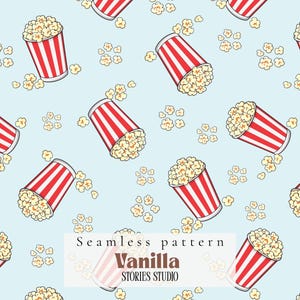 May include: Seamless pattern featuring red and white striped popcorn buckets filled with popcorn kernels, scattered on a light blue background. The words "Seamless pattern" and "Vanilla Stories Studio" are also visible.