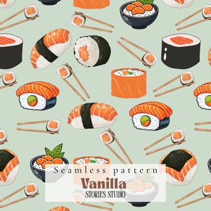 May include: A seamless pattern of illustrated sushi rolls, including nigiri and maki, with salmon and seaweed. Chopsticks and small bowls of rice and fish are also included. The background is a pale green colour.