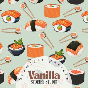 Sushi Seamless Pattern, Japanisches Essen Digitales Papier, Sushi-Druck, Sashimi-Rolle Hintergrund