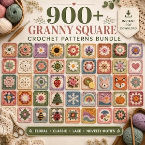 May include: A digital collection of 900+ granny square crochet patterns featuring a variety of colorful motifs including flowers, fruits, animals, and seasonal designs arranged in a grid. The text reads 900+ GRANNY SQUARE CROCHET PATTERNS BUNDLE.