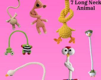 Paquete de patrones de ganchillo de animales de cuello largo, tutorial de amigurumi 7 en 1, ardilla, pato (patrón en PDF)