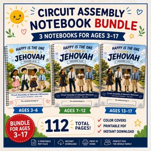 May include: A bundle of three spiral-bound notebooks for ages 3-17, titled Circuit Assembly Notebook Bundle. Each cover features the text Happy Is The One Trusting In Jehovah, Proverbs 16:20, and illustrations of children in front of a Kingdom Hall.